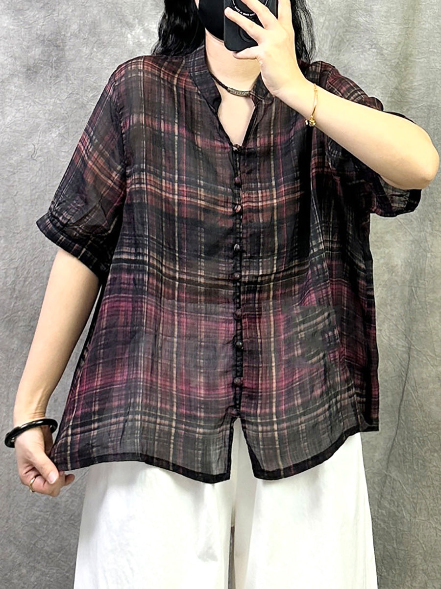 Women Summer Retro Plaid V-Neck Ramie Shirt