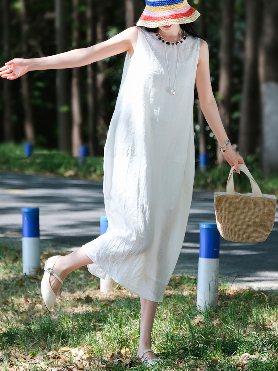 Women 100%Linen Summer Dress Sleeveless O-Neck