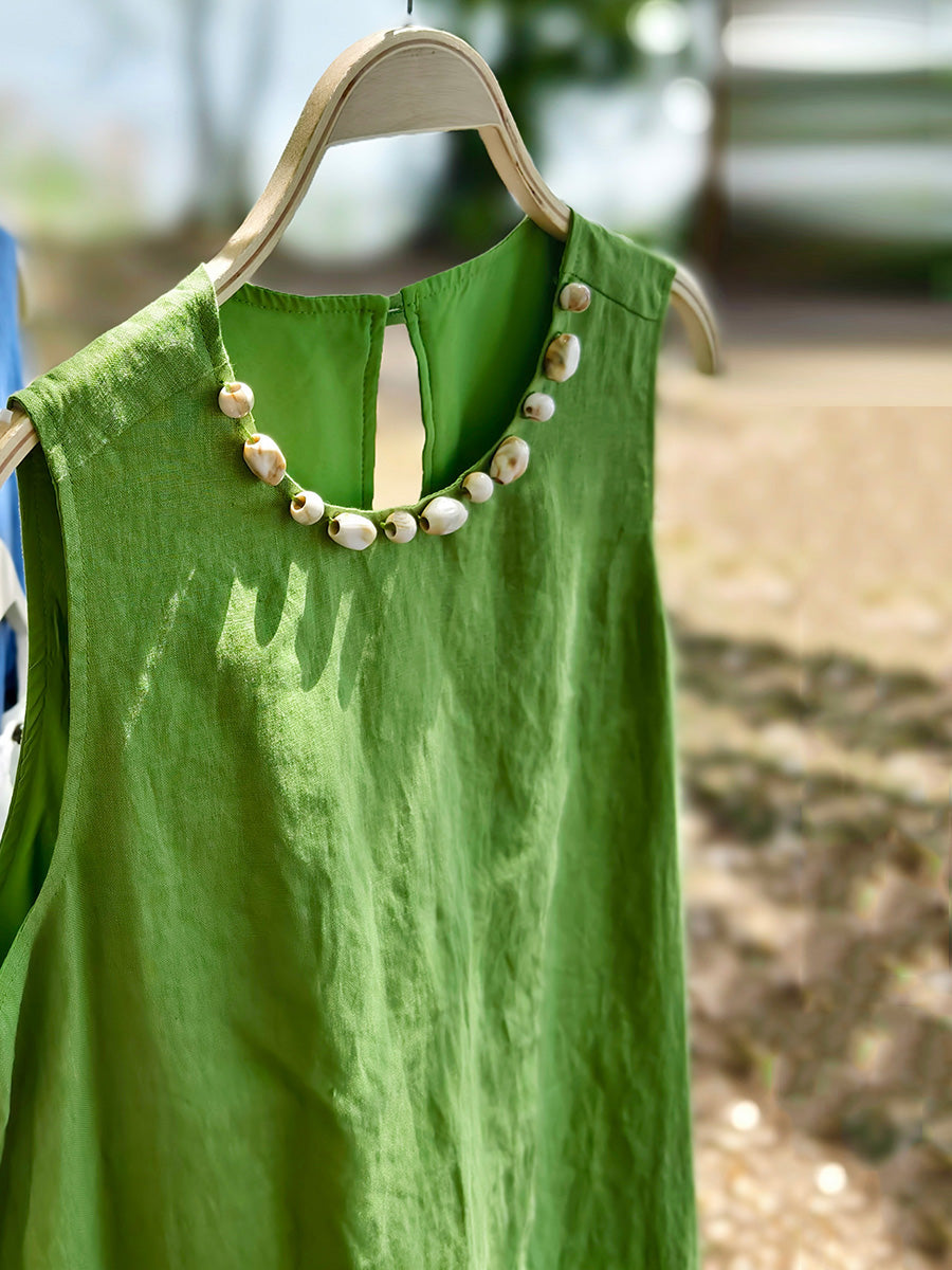 Women 100%Linen Summer Dress Sleeveless O-Neck