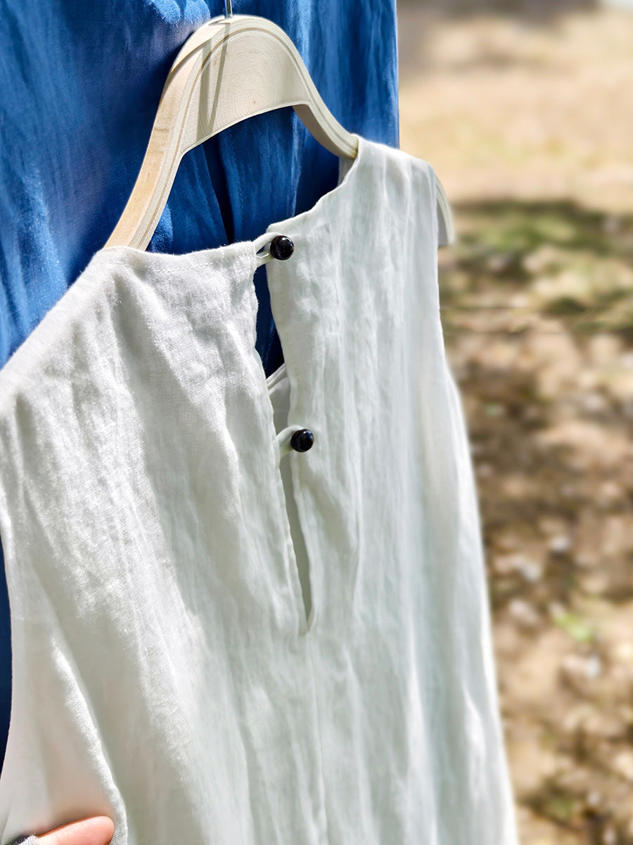 Women 100%Linen Summer Dress Sleeveless O-Neck