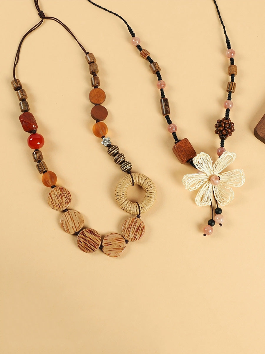 Wooden Straw Bead Necklace Women Flower Artsy