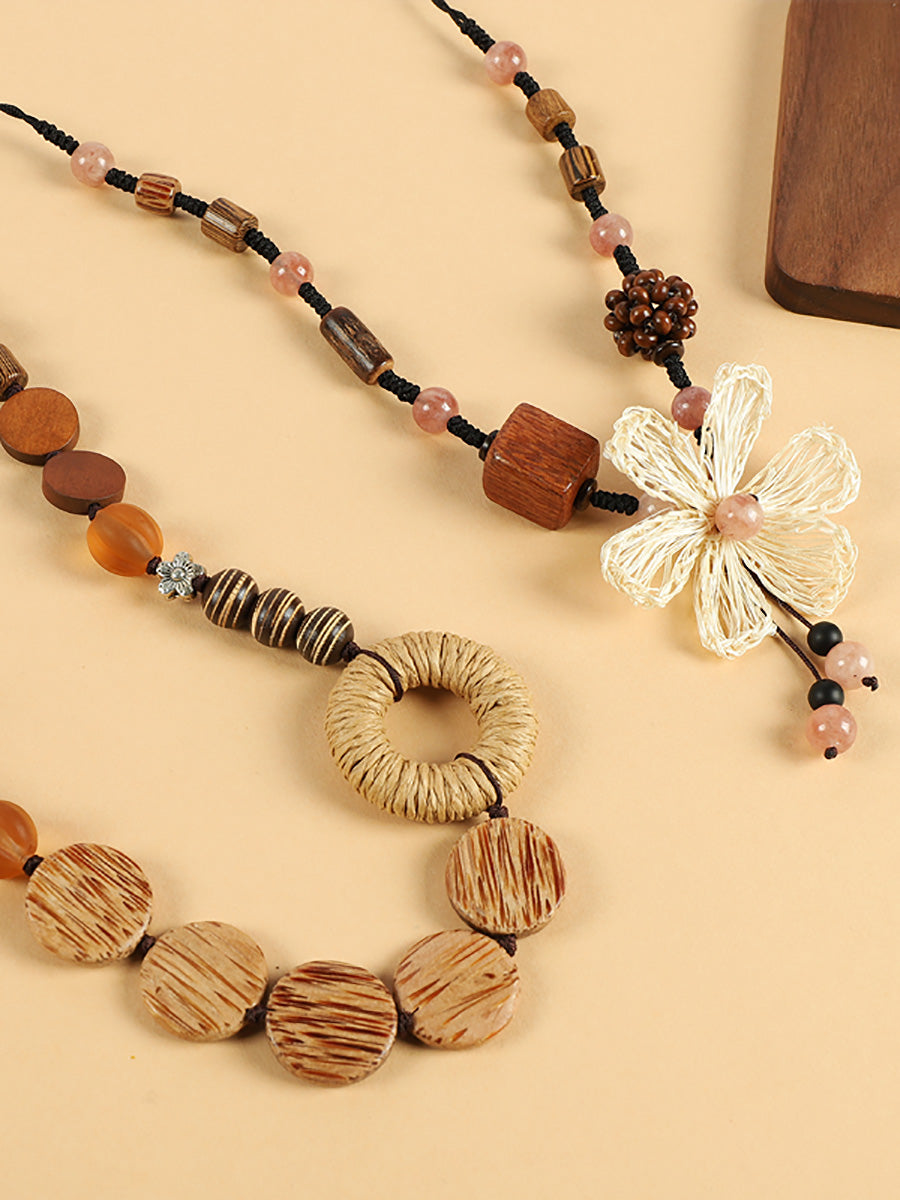 Wooden Straw Bead Necklace Women Flower Artsy