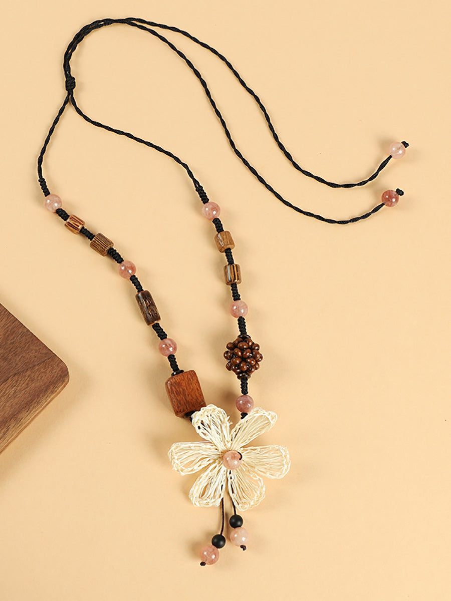 Wooden Straw Bead Necklace Women Flower Artsy