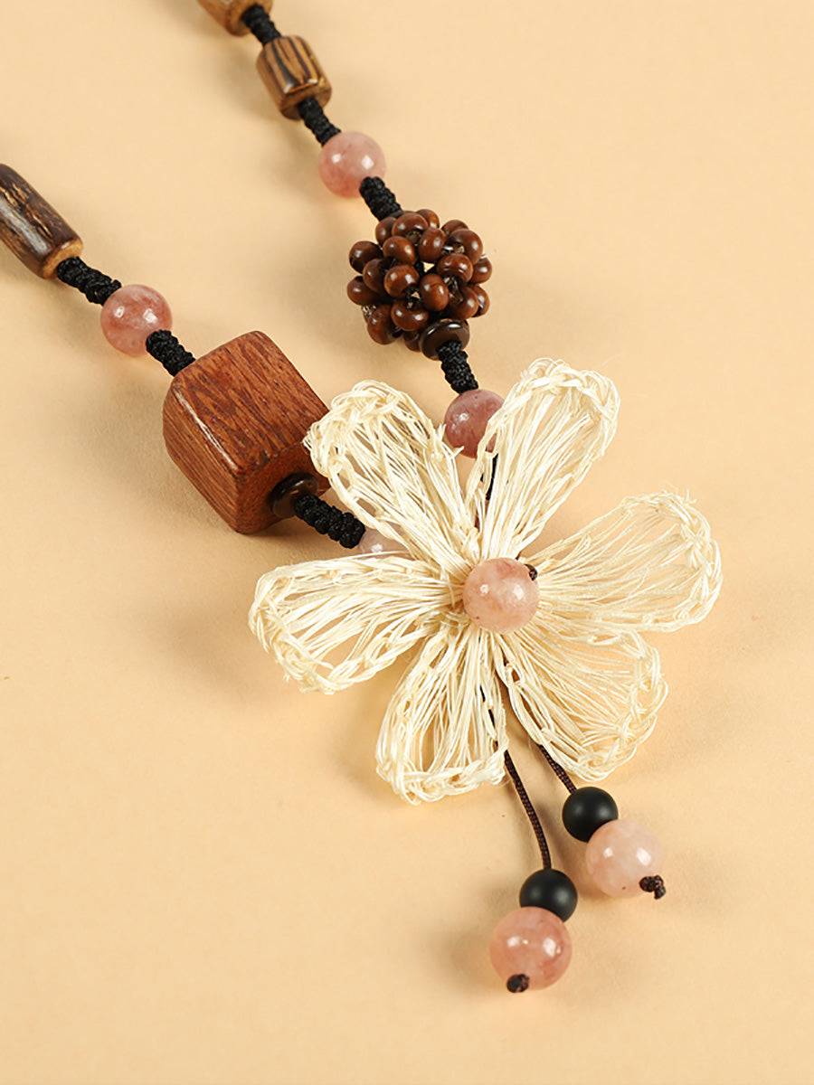 Wooden Straw Bead Necklace Women Flower Artsy