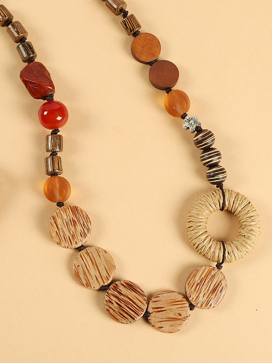 Wooden Straw Bead Necklace Women Flower Artsy