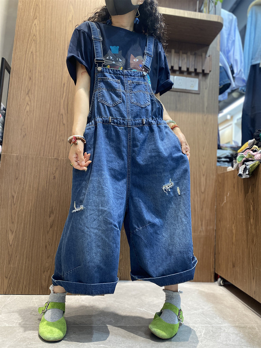 Women Denim Retro Jumpsuits Long Pure Frayed Summer Color