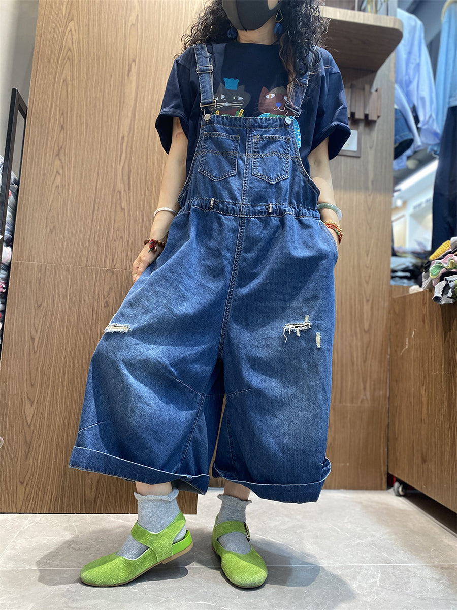 Women Denim Retro Jumpsuits Long Pure Frayed Summer Color