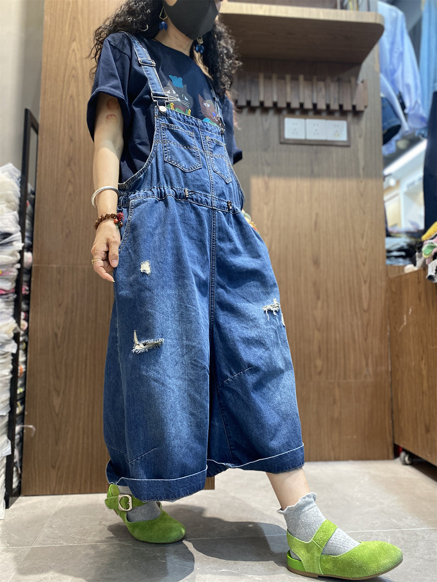 Women Denim Retro Jumpsuits Long Pure Frayed Summer Color
