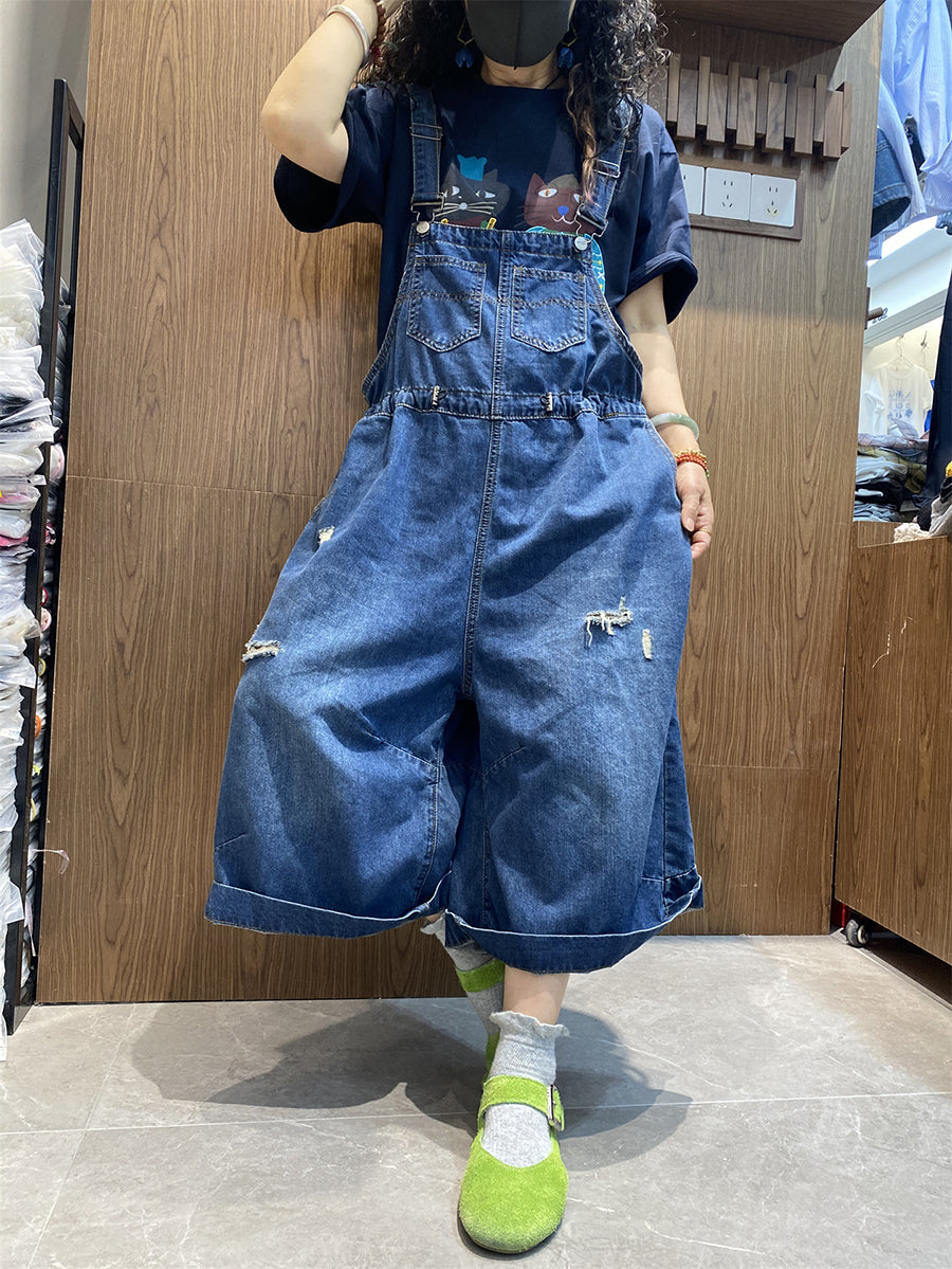 Women Denim Retro Jumpsuits Long Pure Frayed Summer Color