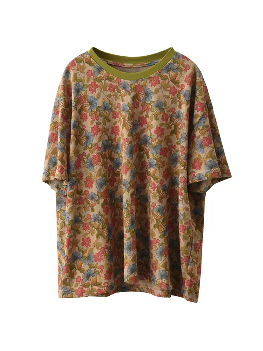 100%Cotton Summer Retro Flower Shirt Women O-Neck