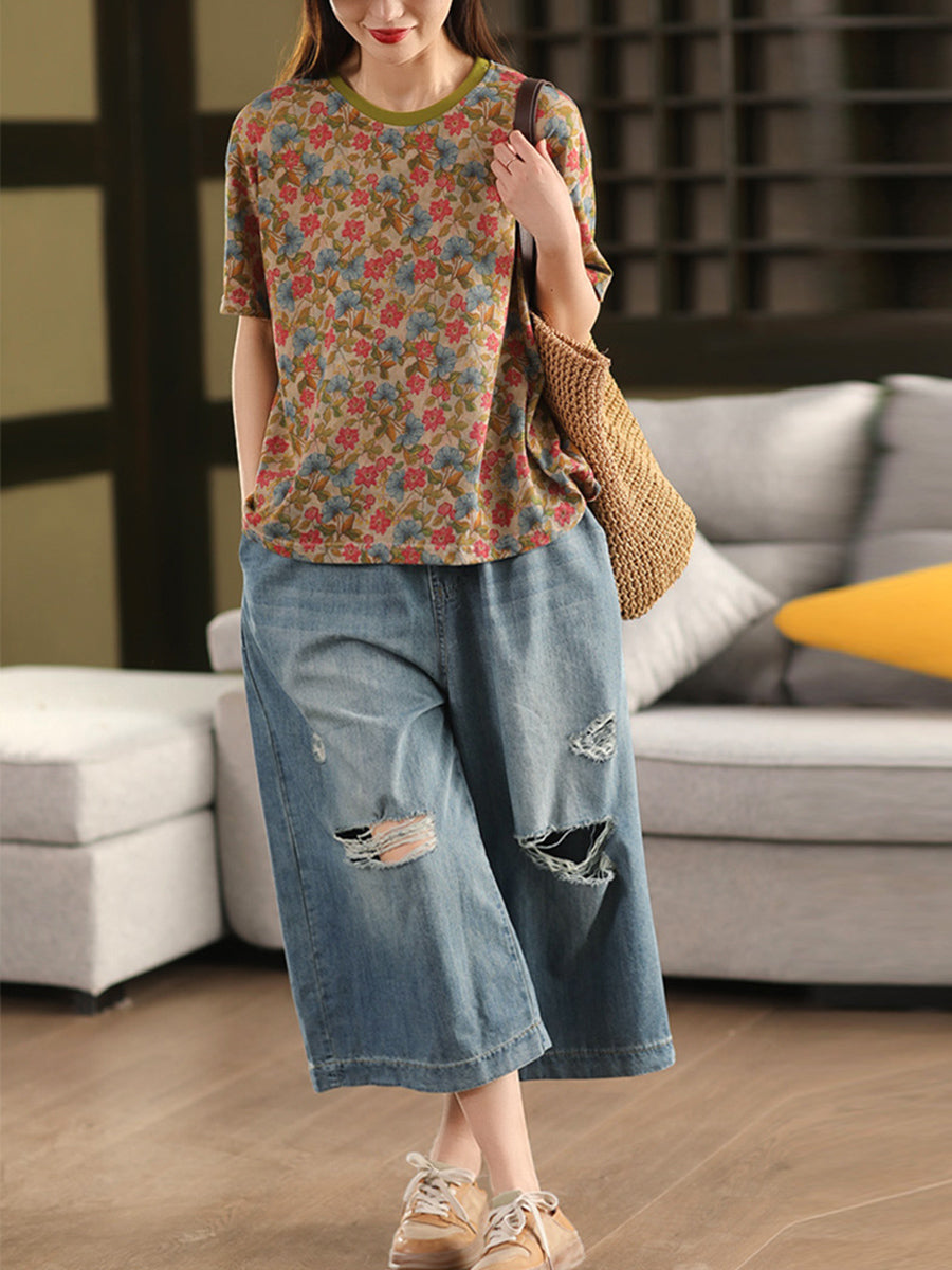 100%Cotton Summer Retro Flower Shirt Women O-Neck