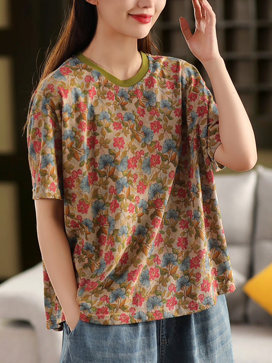 100%Cotton Summer Retro Flower Shirt Women O-Neck