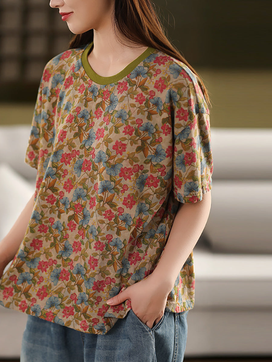 100%Cotton Summer Retro Flower Shirt Women O-Neck
