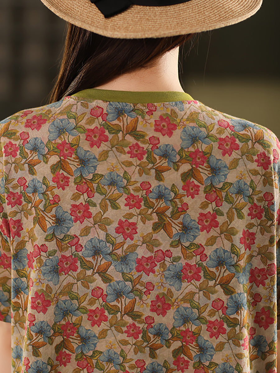 100%Cotton Summer Retro Flower Shirt Women O-Neck