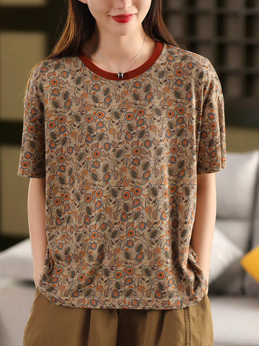 100%Cotton Summer Retro Flower Shirt Women O-Neck