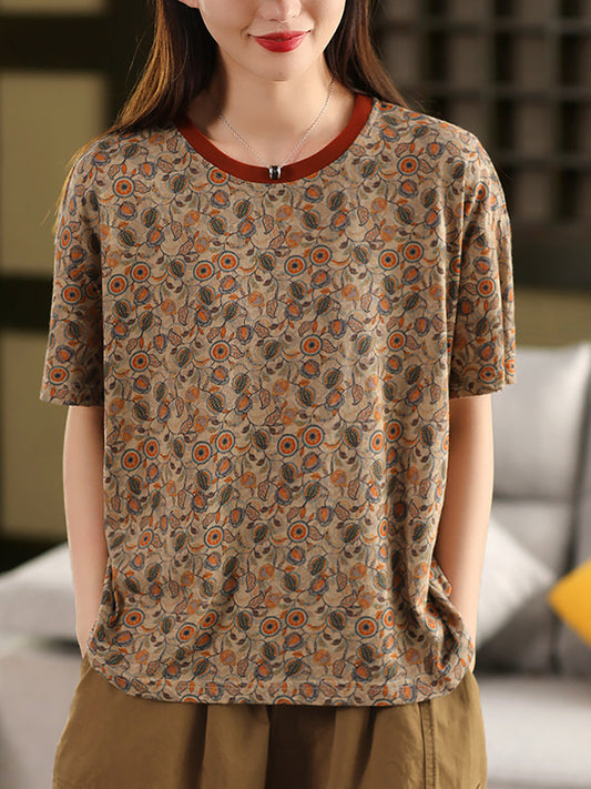 100%Cotton Summer Retro Flower Shirt Women O-Neck