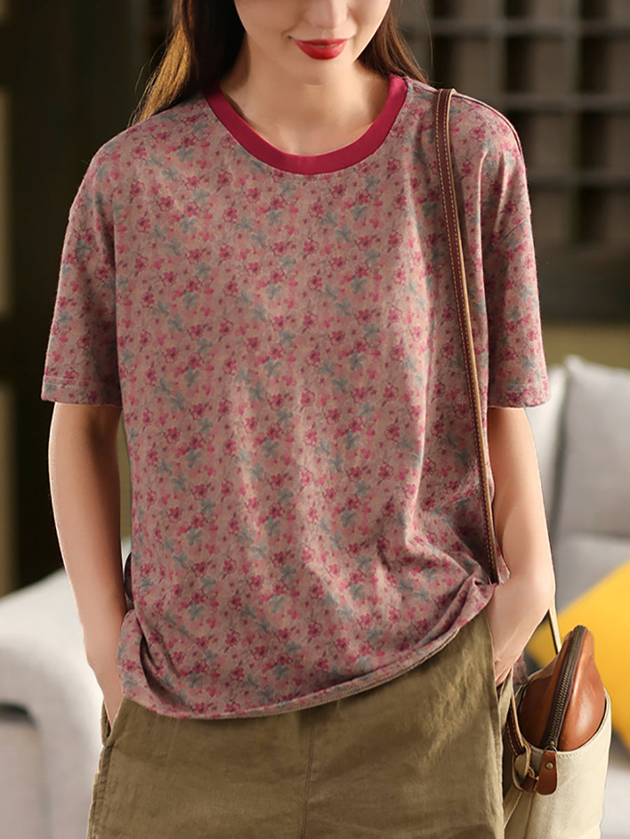 100%Cotton Summer Retro Flower Shirt Women O-Neck