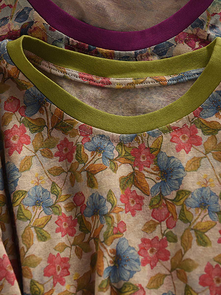 100%Cotton Summer Retro Flower Shirt Women O-Neck