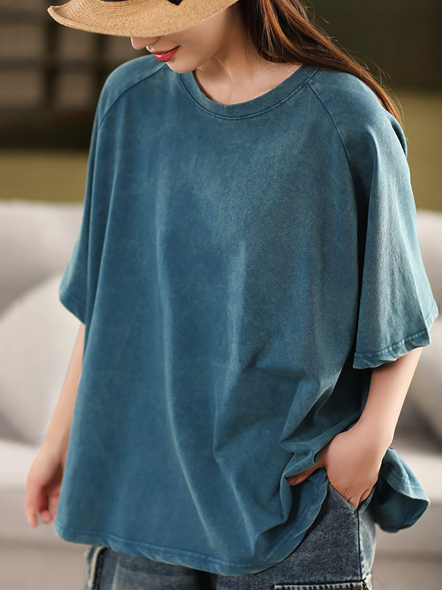 Women Shirt O-Neck Casual 100%Cotton Summer Pure Color