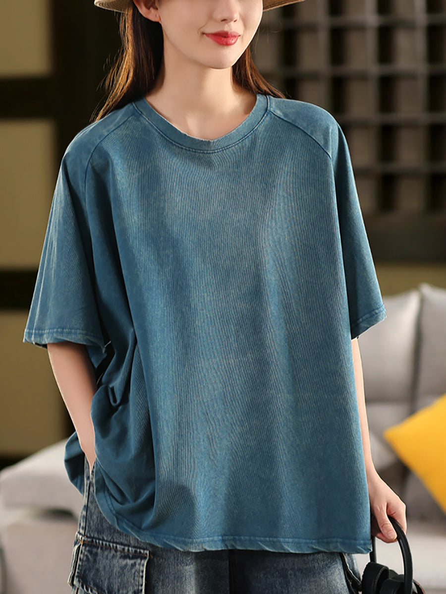 Women Shirt O-Neck Casual 100%Cotton Summer Pure Color