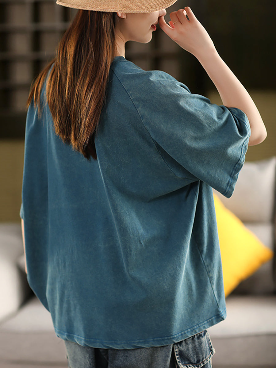 Women Shirt O-Neck Casual 100%Cotton Summer Pure Color