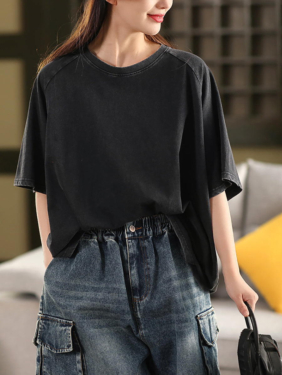 Women Shirt O-Neck Casual 100%Cotton Summer Pure Color