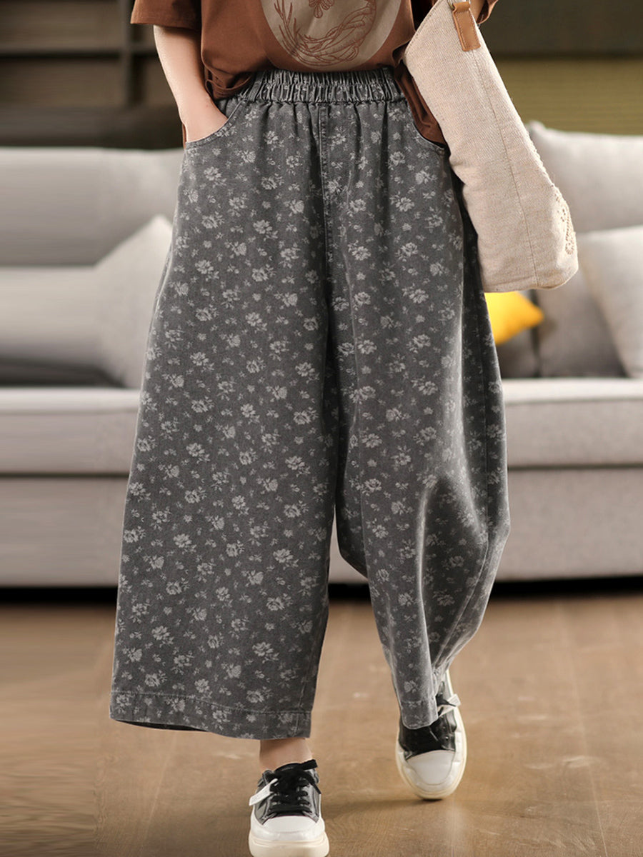 Pants Worn Floral Wide-leg Loose Women Denim
