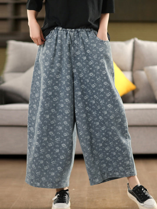Pants Worn Floral Wide-leg Loose Women Denim