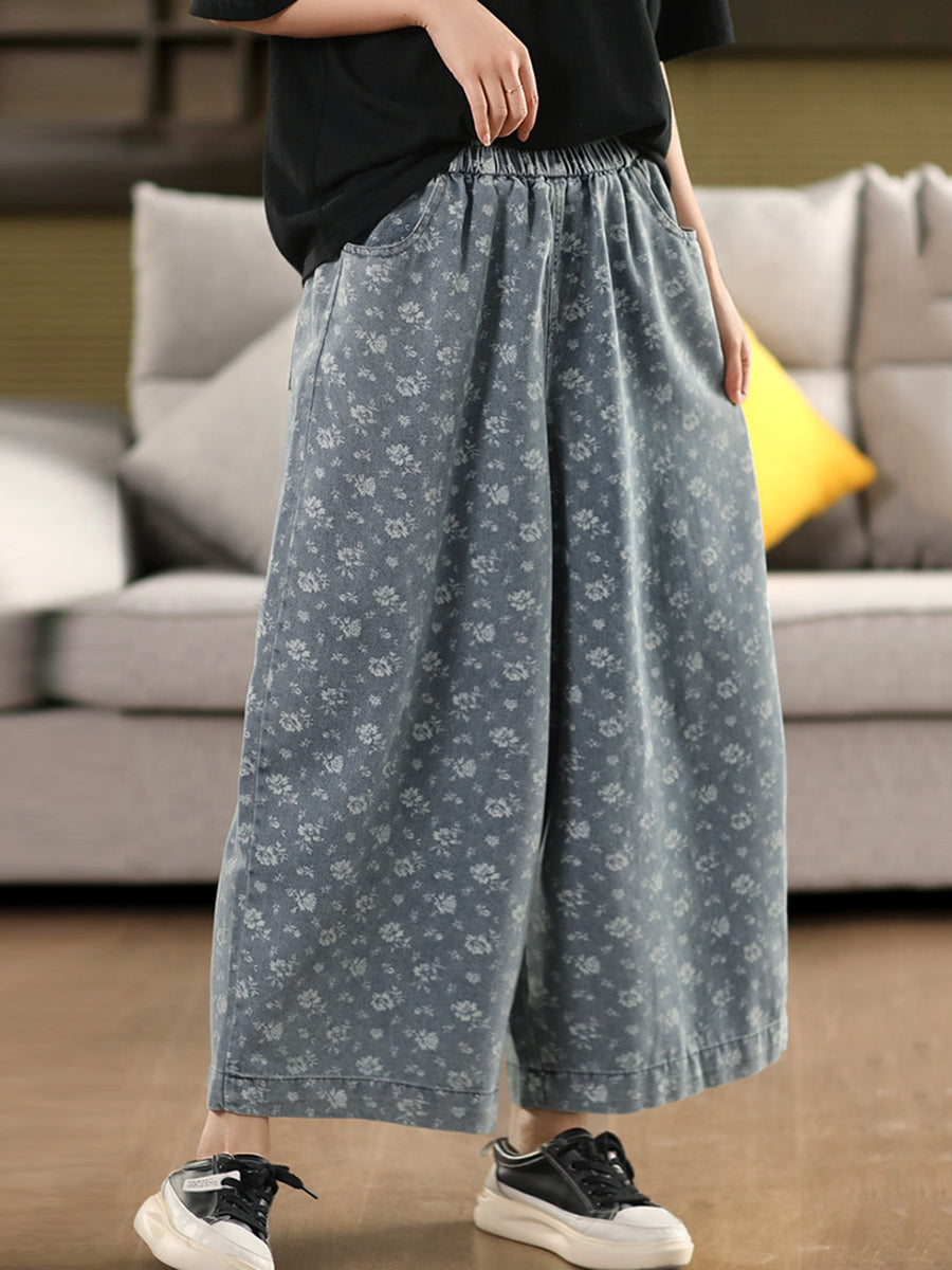Pants Worn Floral Wide-leg Loose Women Denim
