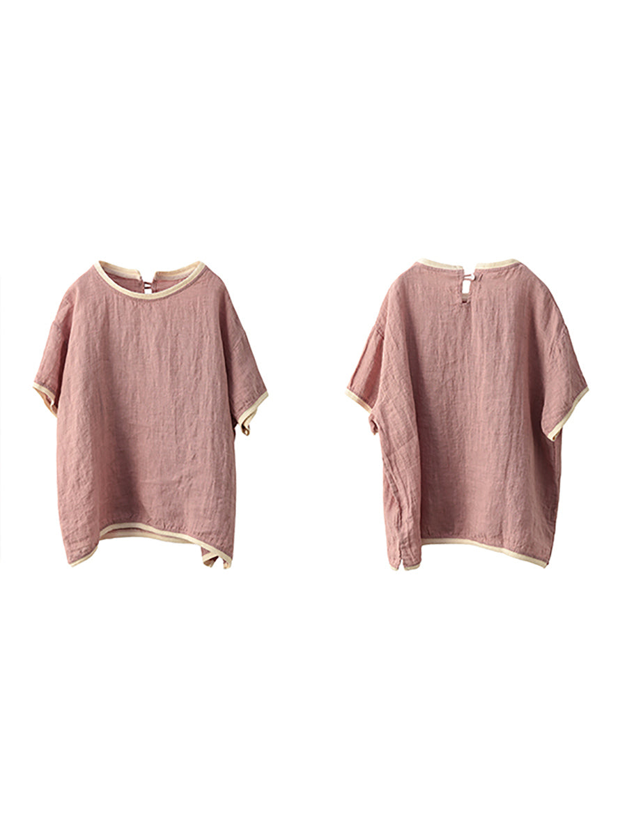 Summer 100%Hemp Women Plaid Shirt Colorblock O-Neck Artsy