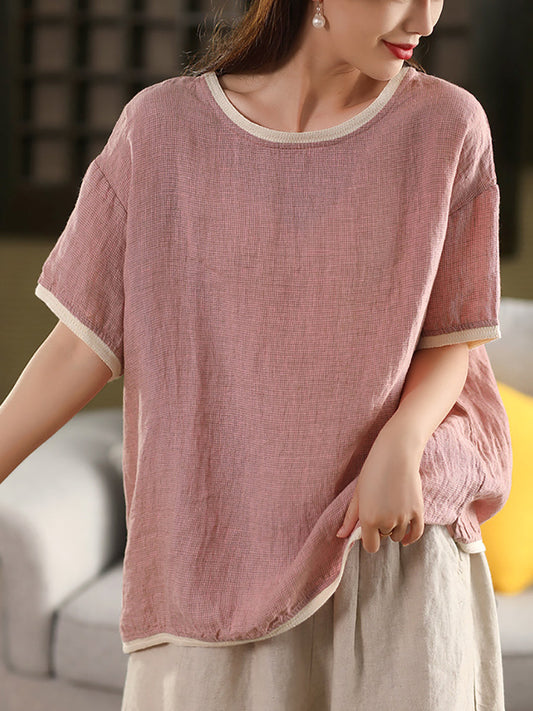 Summer 100%Hemp Women Plaid Shirt Colorblock O-Neck Artsy