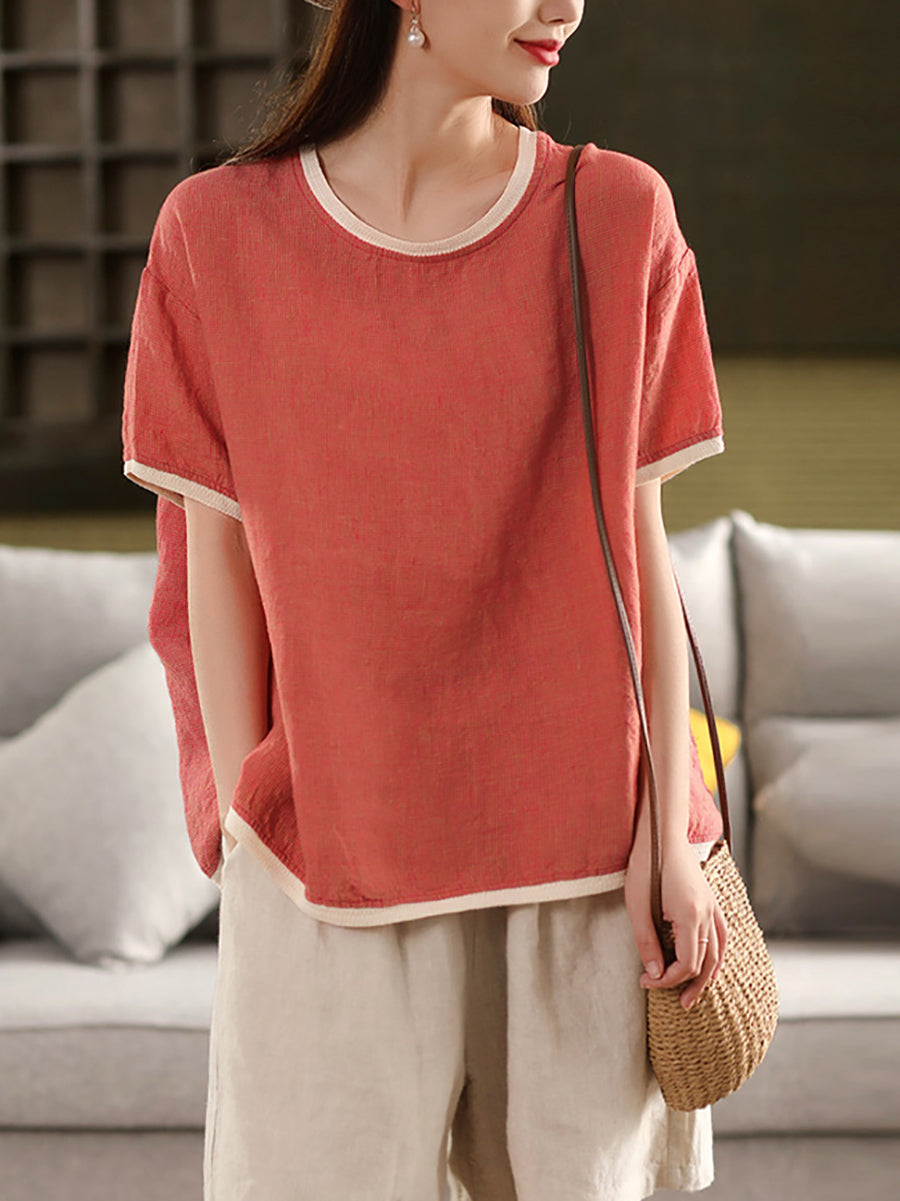 Summer 100%Hemp Women Plaid Shirt Colorblock O-Neck Artsy