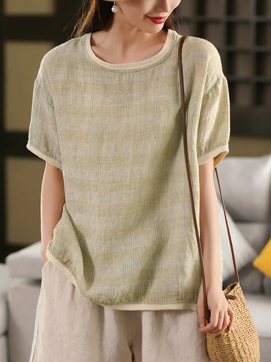 Summer 100%Hemp Women Plaid Shirt Colorblock O-Neck Artsy