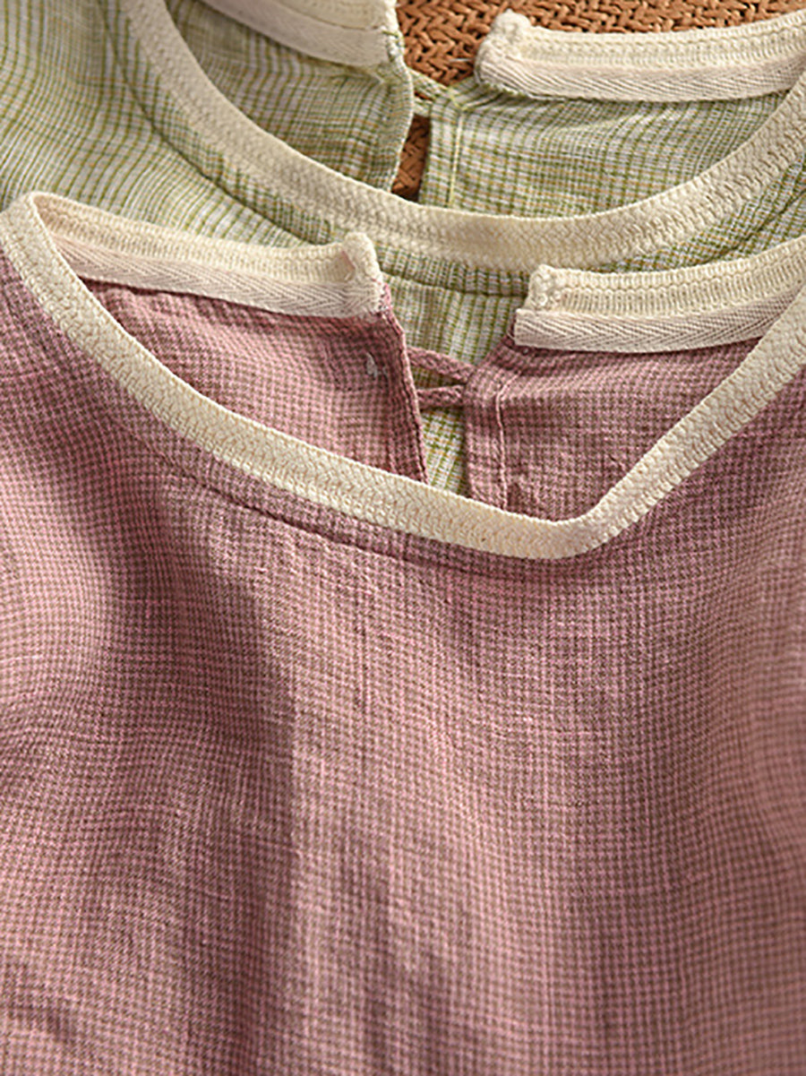 Summer 100%Hemp Women Plaid Shirt Colorblock O-Neck Artsy