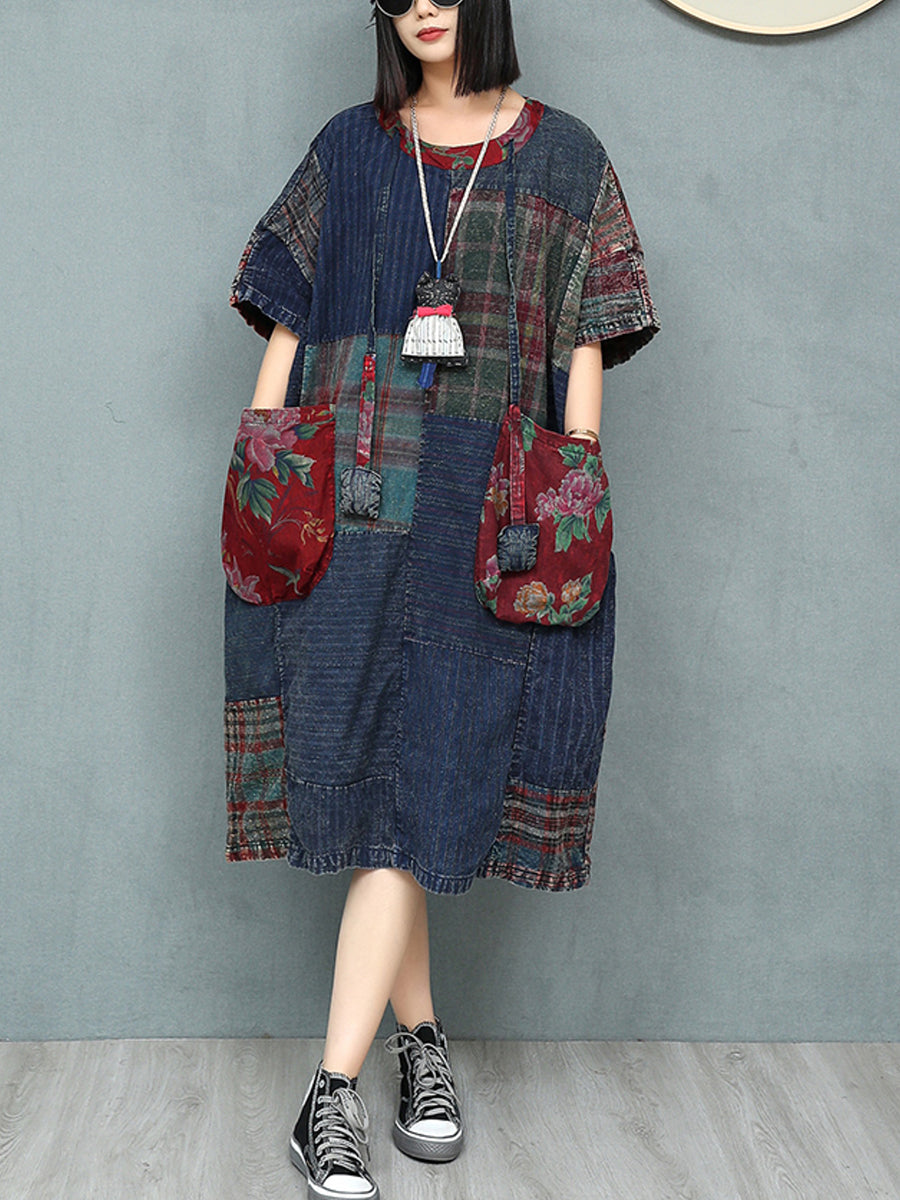 Women Patchwork Dress O-Neck Retro Summer Cotton