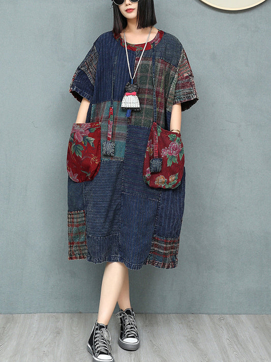 Women Patchwork Dress O-Neck Retro Summer Cotton