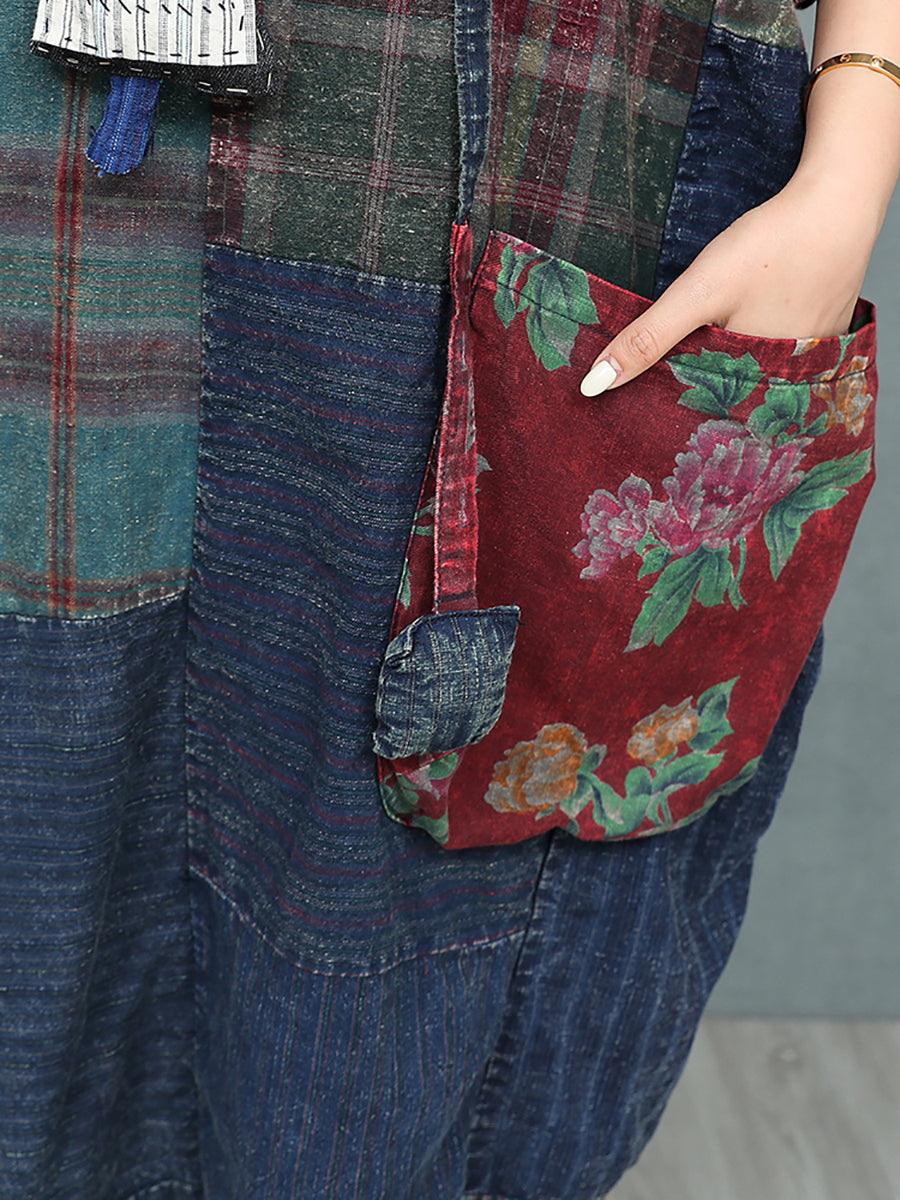 Women Patchwork Dress O-Neck Retro Summer Cotton