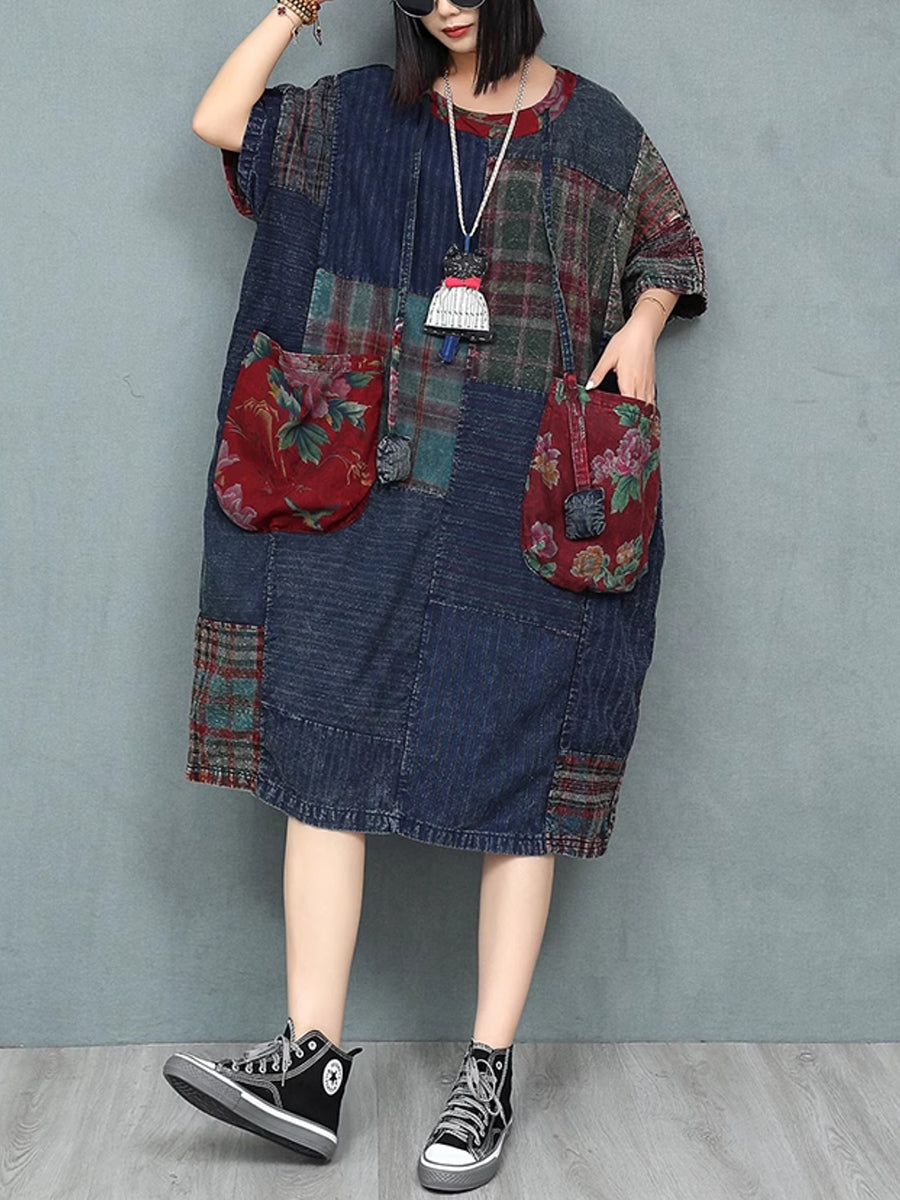 Women Patchwork Dress O-Neck Retro Summer Cotton