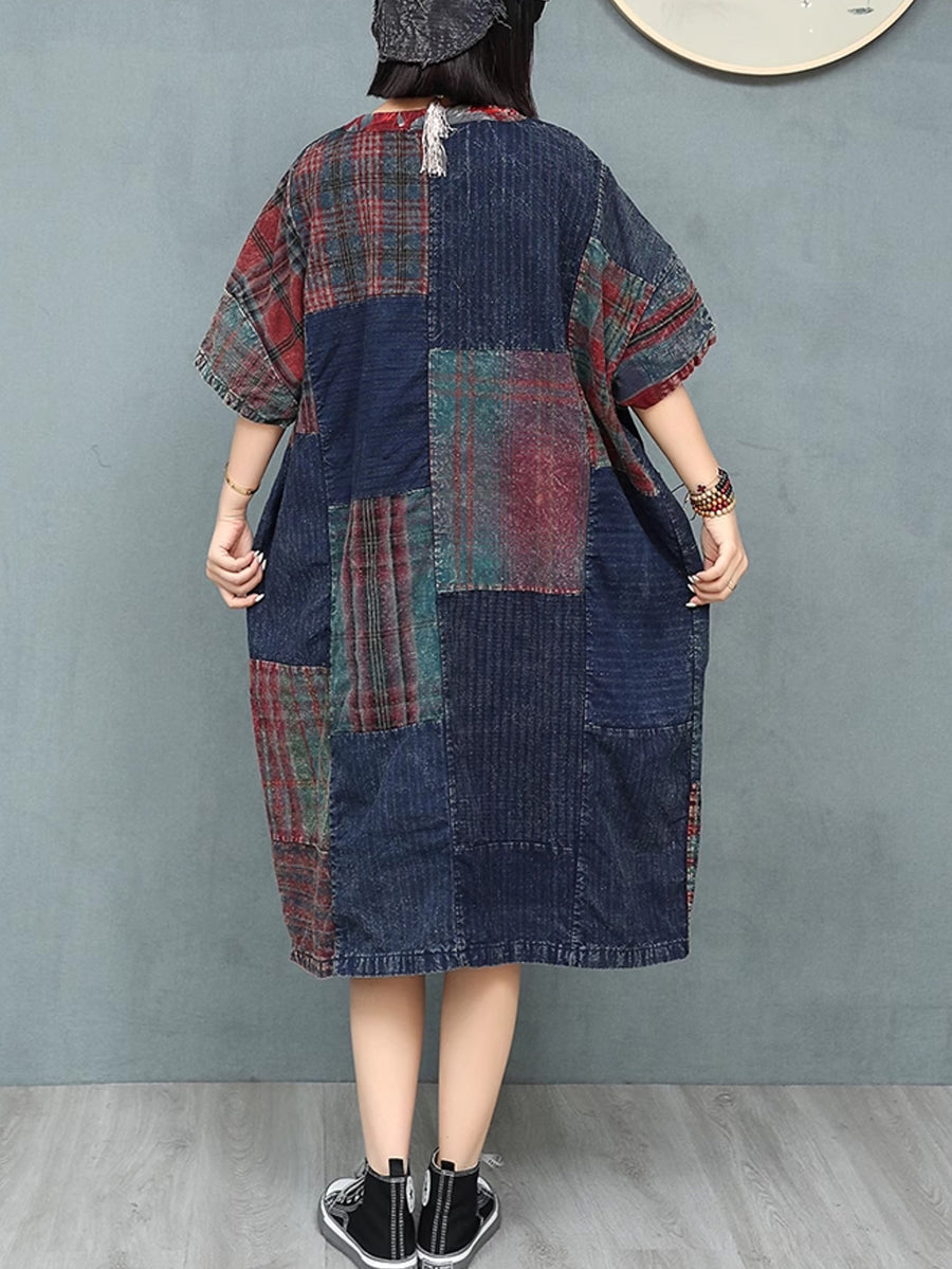 Women Patchwork Dress O-Neck Retro Summer Cotton