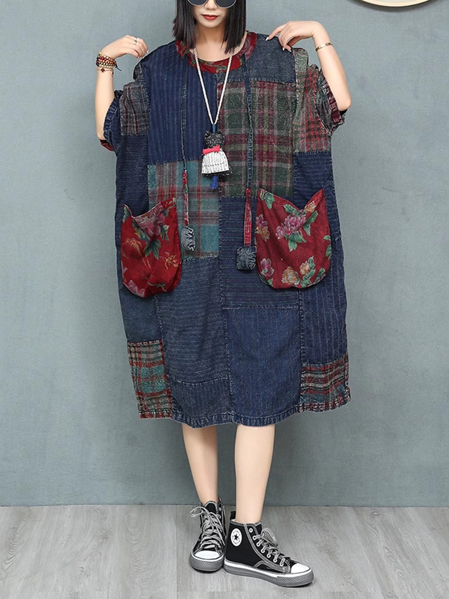 Women Patchwork Dress O-Neck Retro Summer Cotton
