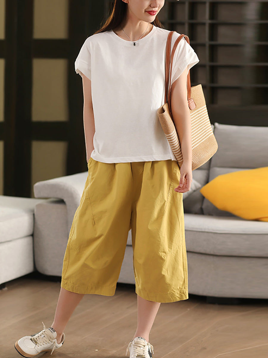 Pure Pants Women Color 100%Cotton Casual Cropped