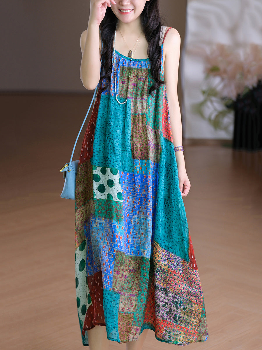 Women Summer Artsy O-Neck Flower Vest 100%Ramie Dress