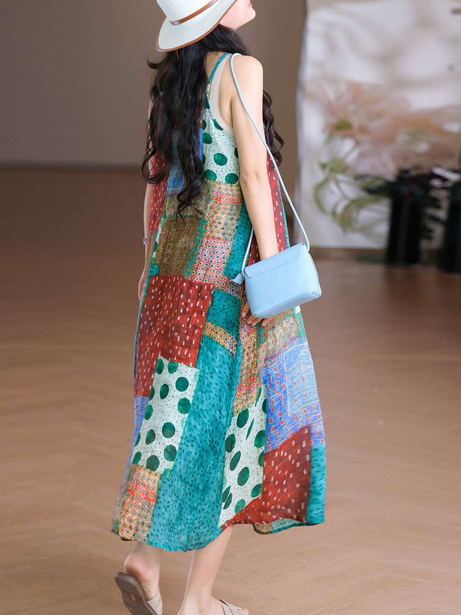 Women Summer Artsy O-Neck Flower Vest 100%Ramie Dress