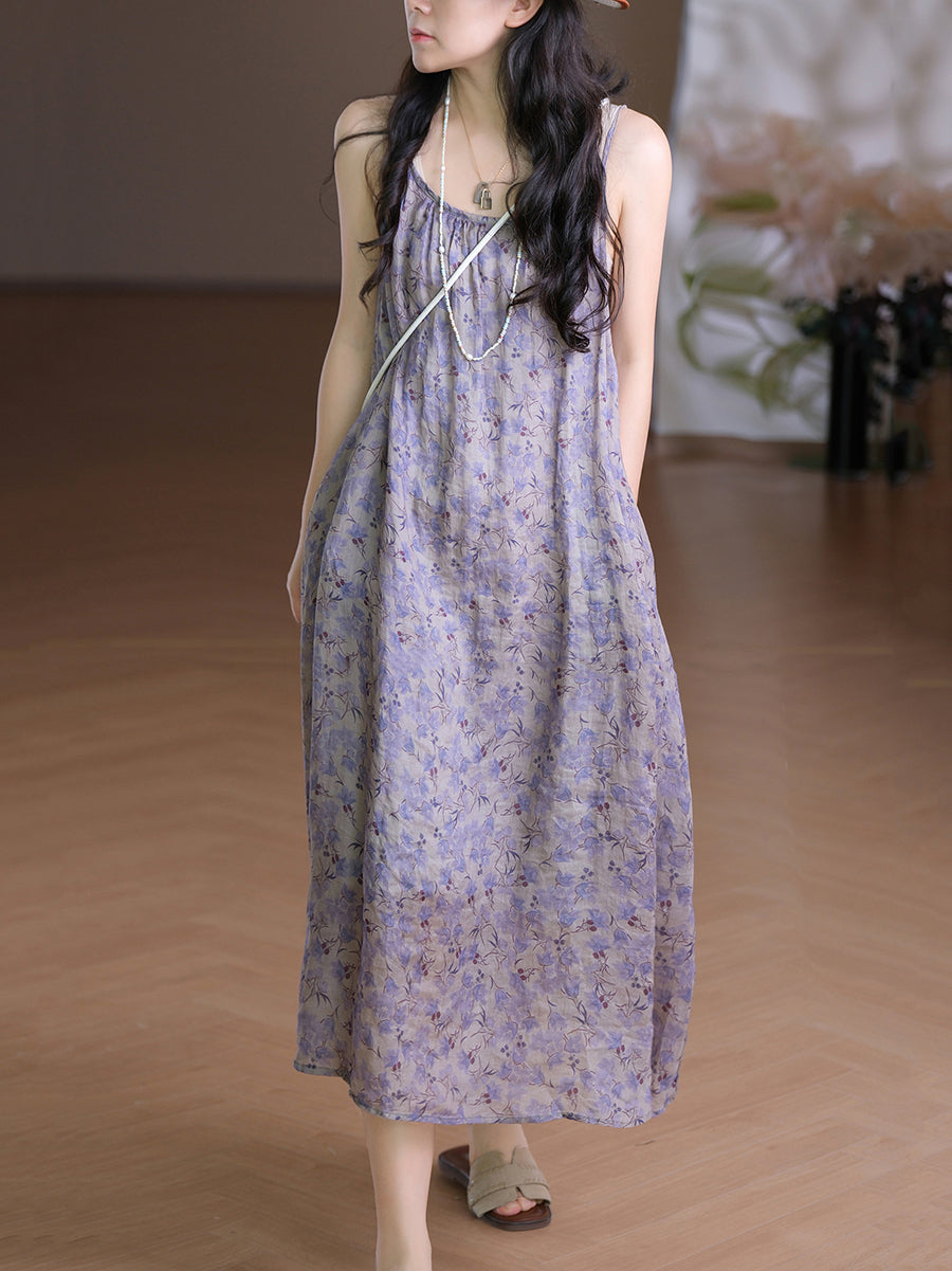 Women Summer Artsy O-Neck Flower Vest 100%Ramie Dress