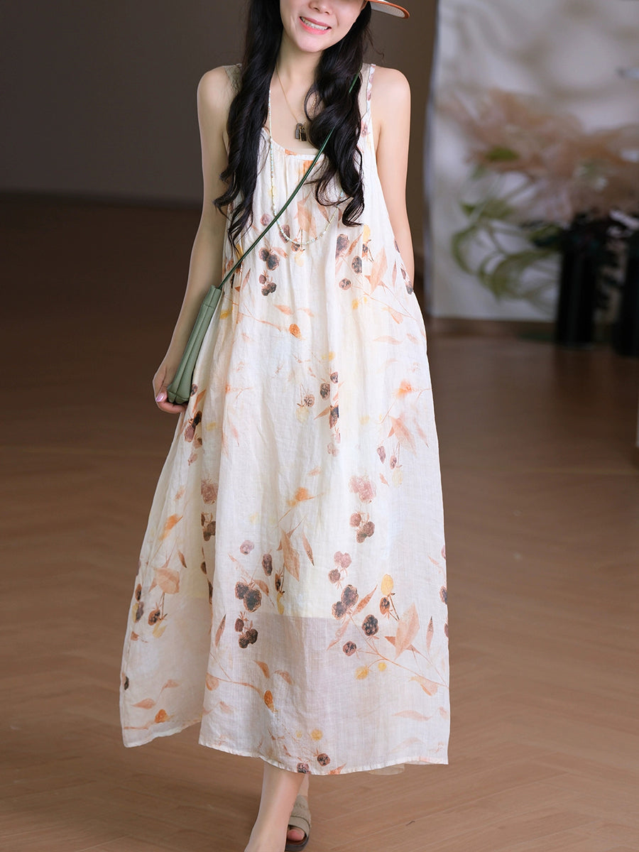 Women Summer Artsy O-Neck Flower Vest 100%Ramie Dress