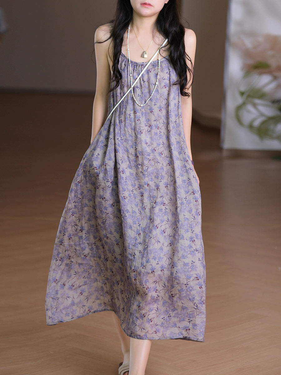 Women Summer Artsy O-Neck Flower Vest 100%Ramie Dress