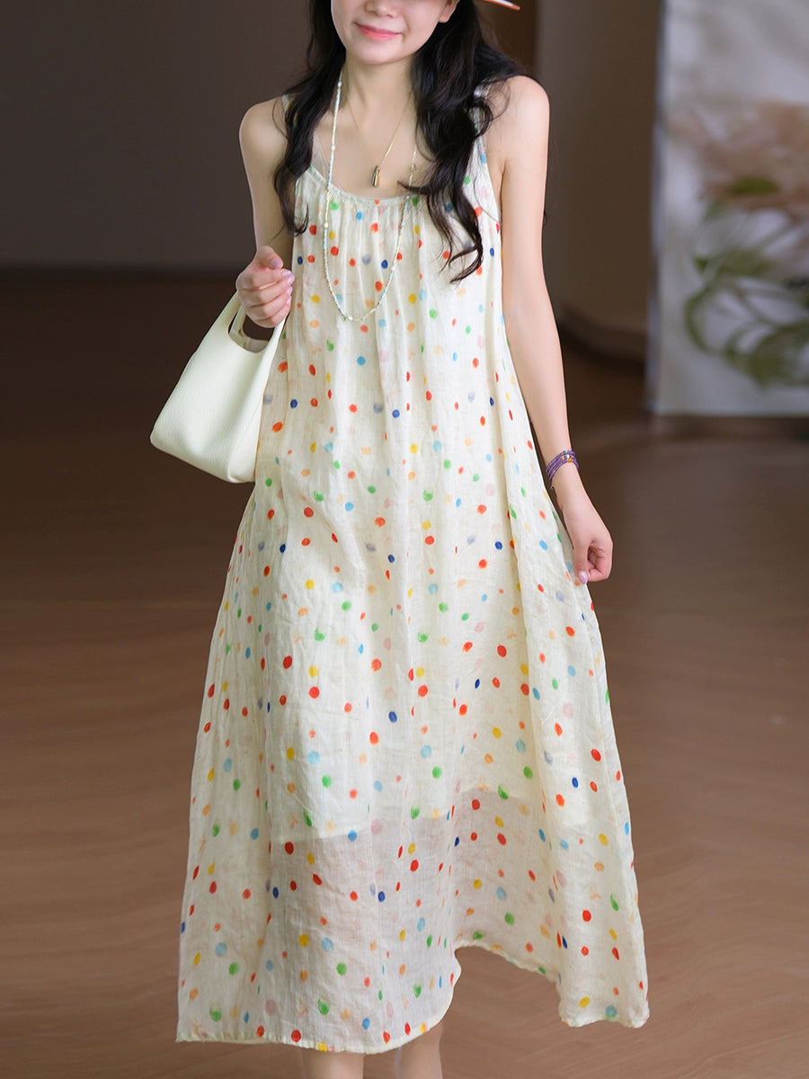 Women Summer Artsy O-Neck Flower Vest 100%Ramie Dress