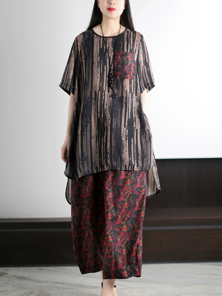 Stripe Summer O-Neck Suits Women Vintage Loose