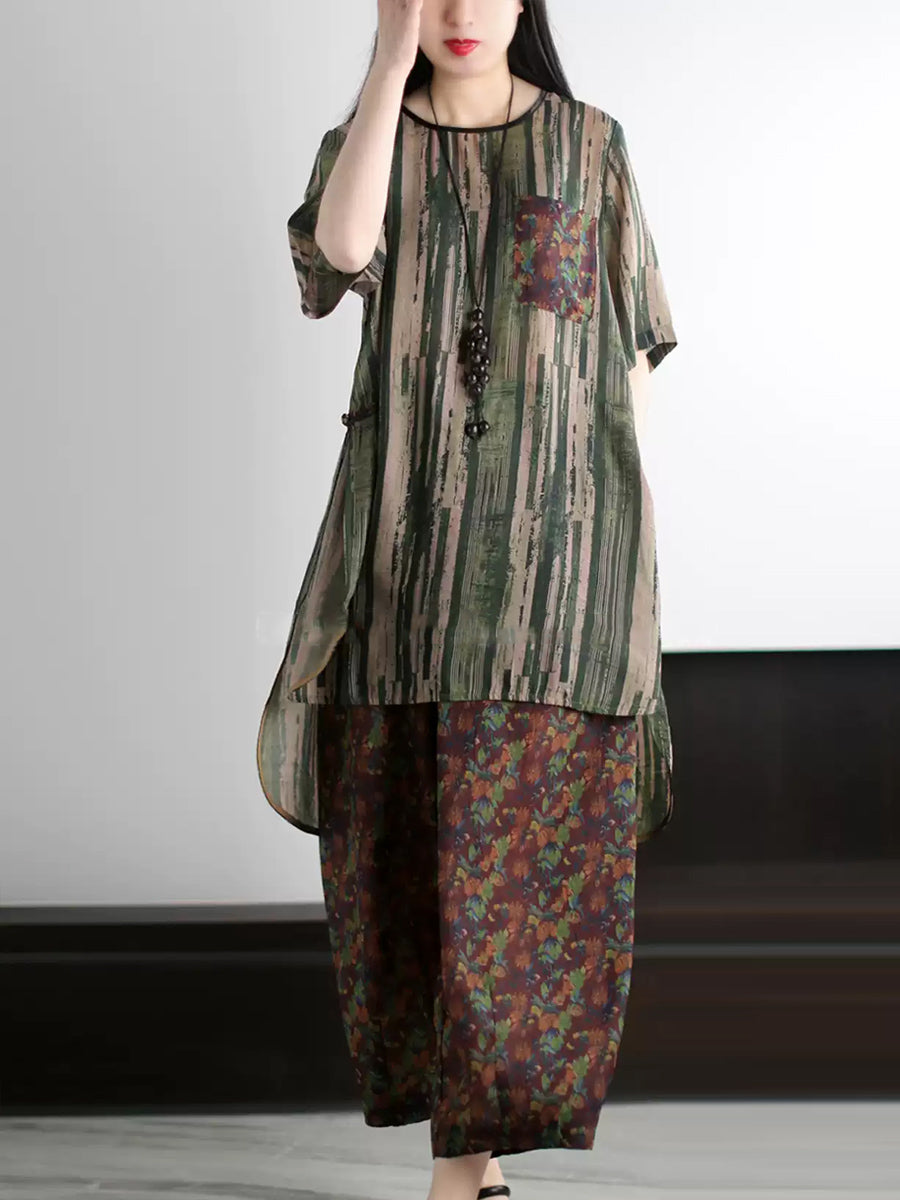 Stripe Summer O-Neck Suits Women Vintage Loose