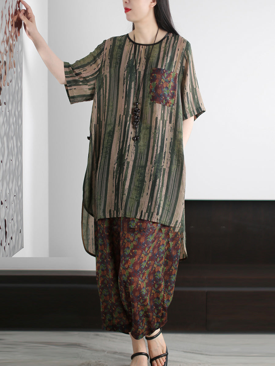 Stripe Summer O-Neck Suits Women Vintage Loose